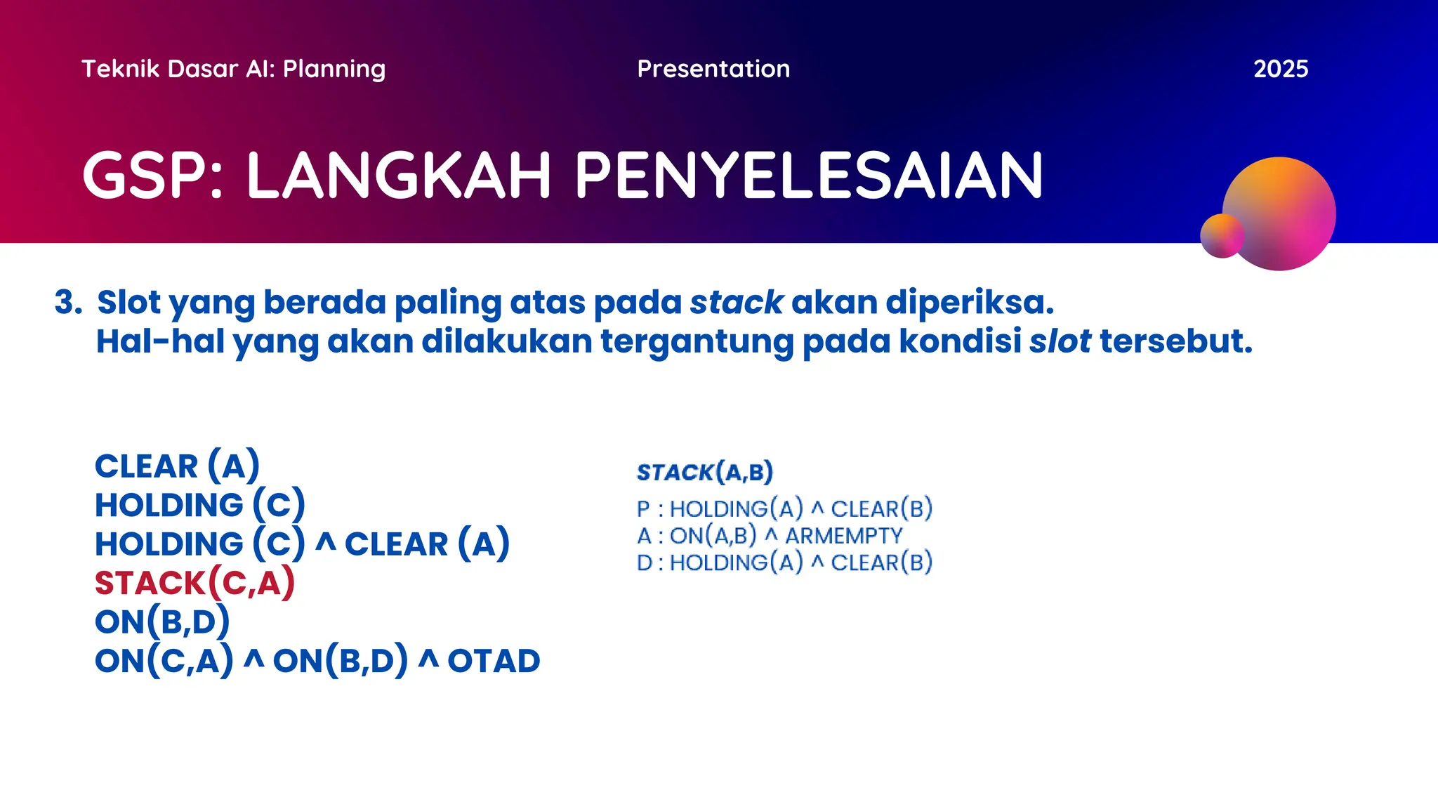 GSP: LANGKAH PENYELESAIAN
Teknik Dasar AI: Planning Presentation 2025
3. Slot yang berada paling atas pada stack akan diperiksa.
Hal-hal yang akan dilakukan tergantung pada kondisi slot tersebut.
CLEAR (A)
HOLDING (C)
HOLDING (C) ^ CLEAR (A)
STACK(C,A)
ON(B,D)
ON(C,A) ^ ON(B,D) ^ OTAD
 