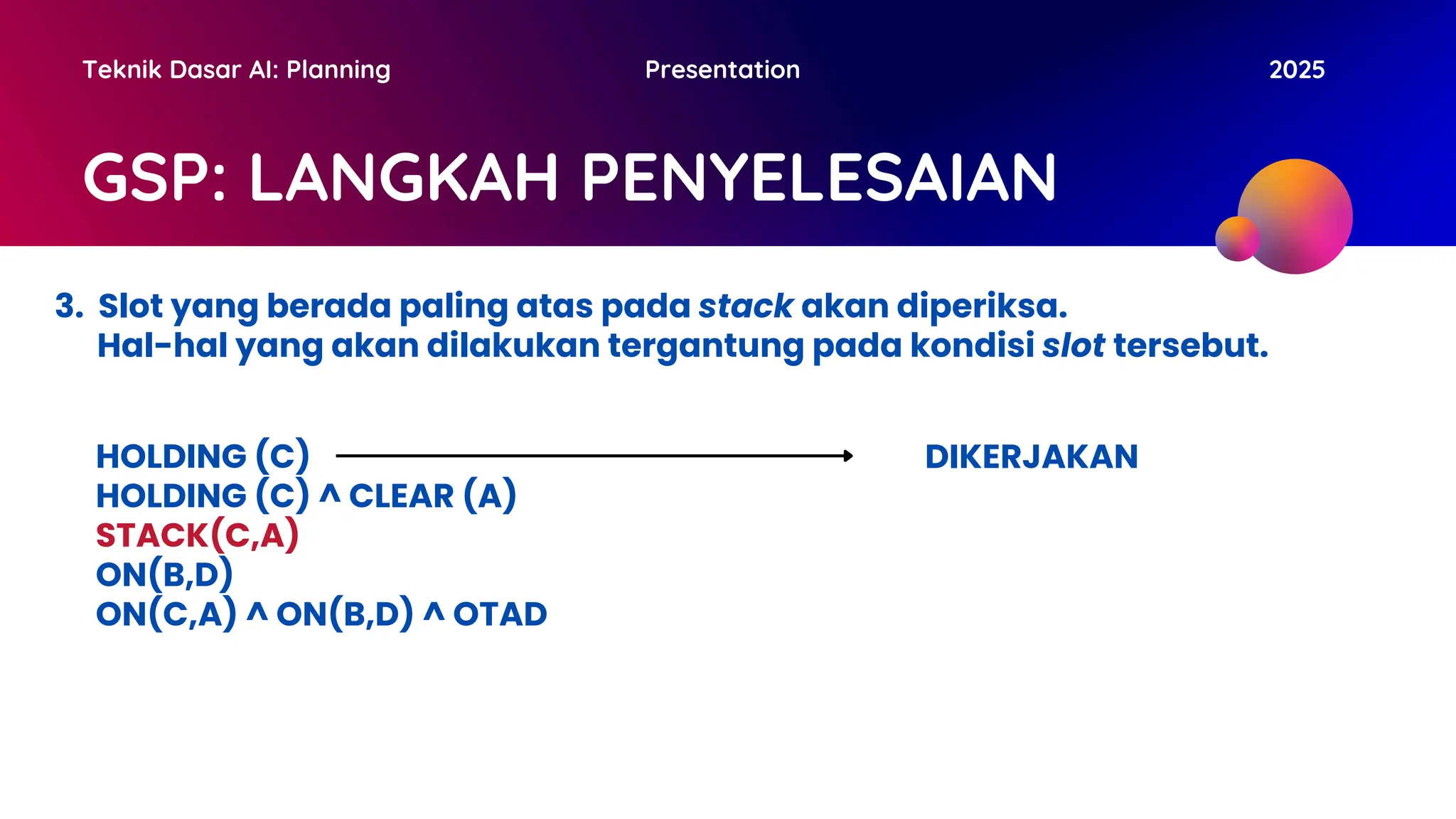 GSP: LANGKAH PENYELESAIAN
Teknik Dasar AI: Planning Presentation 2025
3. Slot yang berada paling atas pada stack akan diperiksa.
Hal-hal yang akan dilakukan tergantung pada kondisi slot tersebut.
HOLDING (C)
HOLDING (C) ^ CLEAR (A)
STACK(C,A)
ON(B,D)
ON(C,A) ^ ON(B,D) ^ OTAD
DIKERJAKAN
 