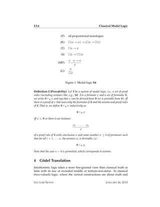 L5.6                                                            Classical Modal Logic


                        (P)     all propositional tautologies

                        (K)         (φ → ψ) → ( φ →            ψ)

                        (T)         φ→φ

                        (4)         φ→          φ

                                φ     φ→ψ
                     (MP)
                                      ψ
                                 φ
                       (G)
                                  φ


                              Figure 1: Modal logic S4


Deﬁnition 2 (Provability) Let S be a system of modal logic, i.e., a set of proof
rules (including axioms) like, e.g., S4. For a formula ψ and a set of formulas Φ,
we write Φ S ψ and say that ψ can be derived from Φ (or is provable from Φ), iff
there is a proof of ψ that uses only the formulas of Φ and the axioms and proof rules
of S. That is, we deﬁne Φ S ψ inductively as:

                                           Φ    S    ψ

iff ψ ∈ Φ or there is an instance

                                      φ1       ...        φn
                                                ψ

of a proof rule of S with conclusion ψ and some number n ≥ 0 of premisses such
that for all i = 1, . . . , n, the premiss φi is derivable, i.e.:

                                           Φ    S    φi

Note that the case n = 0 is permitted, which corresponds to axioms.


4      Godel Translation
        ¨
Intuitionistic logic takes a more ﬁne-grained view than classical truth or
false with its law of excluded middle or tertium-non-datur. In classical
(two-valued) logic, where the central constructions are about truth and

L ECTURE N OTES                                                      J ANUARY 26, 2010
 