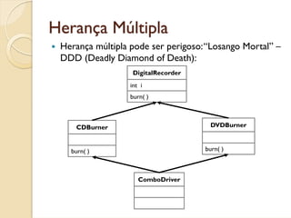 Herança Múltipla
 Herança múltipla pode ser perigoso: “Losango Mortal” –
 DDD (Deadly Diamond of Death):
                   DigitalRecorder
                  int i
                  burn( )



    CDBurner                          DVDBurner



   burn( )                           burn( )



                     ComboDriver
 