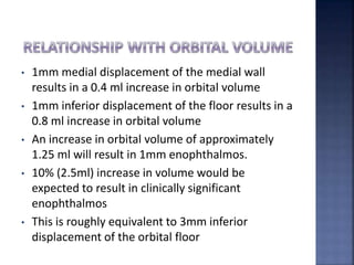 • 1mm medial displacement of the medial wall
results in a 0.4 ml increase in orbital volume
• 1mm inferior displacement of the floor results in a
0.8 ml increase in orbital volume
• An increase in orbital volume of approximately
1.25 ml will result in 1mm enophthalmos.
• 10% (2.5ml) increase in volume would be
expected to result in clinically significant
enophthalmos
• This is roughly equivalent to 3mm inferior
displacement of the orbital floor
 