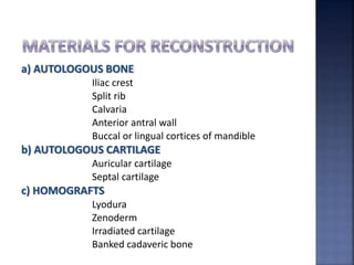 a) AUTOLOGOUS BONE
Iliac crest
Split rib
Calvaria
Anterior antral wall
Buccal or lingual cortices of mandible
b) AUTOLOGOUS CARTILAGE
Auricular cartilage
Septal cartilage
c) HOMOGRAFTS
Lyodura
Zenoderm
Irradiated cartilage
Banked cadaveric bone
 