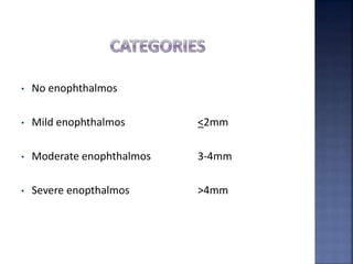 • No enophthalmos
• Mild enophthalmos <2mm
• Moderate enophthalmos 3-4mm
• Severe enopthalmos >4mm
 