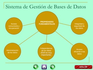 Sistema de Gestión de Bases de Datos
PROPIEDADES
FUNDAMENTALESAcceso
concurrente y
recuperación
Administración
de los datos
Independencia
de los datos
(OJO es muy
importante)
Acceso
eficiente a los
datos
Integridad y
seguridad de
los datos
 