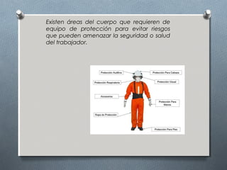 Existen áreas del cuerpo que requieren de
equipo de protección para evitar riesgos
que pueden amenazar la seguridad o salud
del trabajador.
 