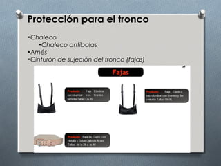 Protección para el tronco
•Chaleco
•Chaleco antibalas
•Arnés
•Cinturón de sujeción del tronco (fajas)
 