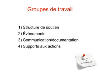 Groupes de travail
1) Structure de soutien
2) Événements
3) Communication/documentation
4) Supports aux actions
 