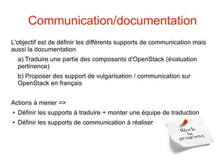 Communication/documentation
L'objectif est de définir les différents supports de communication mais
aussi la documentation
a) Traduire une partie des composants d'OpenStack (évaluation
pertinence)
b) Proposer des support de vulgarisation / communication sur
OpenStack en français
Actions à mener =>
●
Définir les supports à traduire + monter une équipe de traduction
●
Définir les supports de communication à réaliser
 