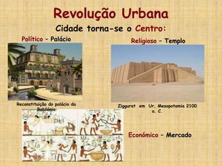 Revolução Urbana
Ziggurat em Ur, Mesopotamia 2100
a. C.
Cidade torna-se o Centro:
Político – Palácio Religioso – Templo
Reconstituição do palácio da
Babilónia
Económico – Mercado
 