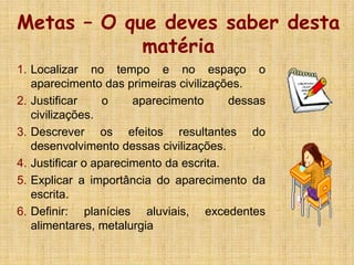 Metas – O que deves saber desta
matéria
1. Localizar no tempo e no espaço o
aparecimento das primeiras civilizações.
2. Justificar o aparecimento dessas
civilizações.
3. Descrever os efeitos resultantes do
desenvolvimento dessas civilizações.
4. Justificar o aparecimento da escrita.
5. Explicar a importância do aparecimento da
escrita.
6. Definir: planícies aluviais, excedentes
alimentares, metalurgia
 