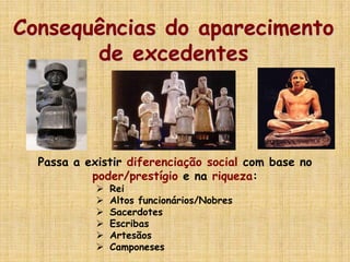 Consequências do aparecimento
de excedentes
Passa a existir diferenciação social com base no
poder/prestígio e na riqueza:
 Rei
 Altos funcionários/Nobres
 Sacerdotes
 Escribas
 Artesãos
 Camponeses
 