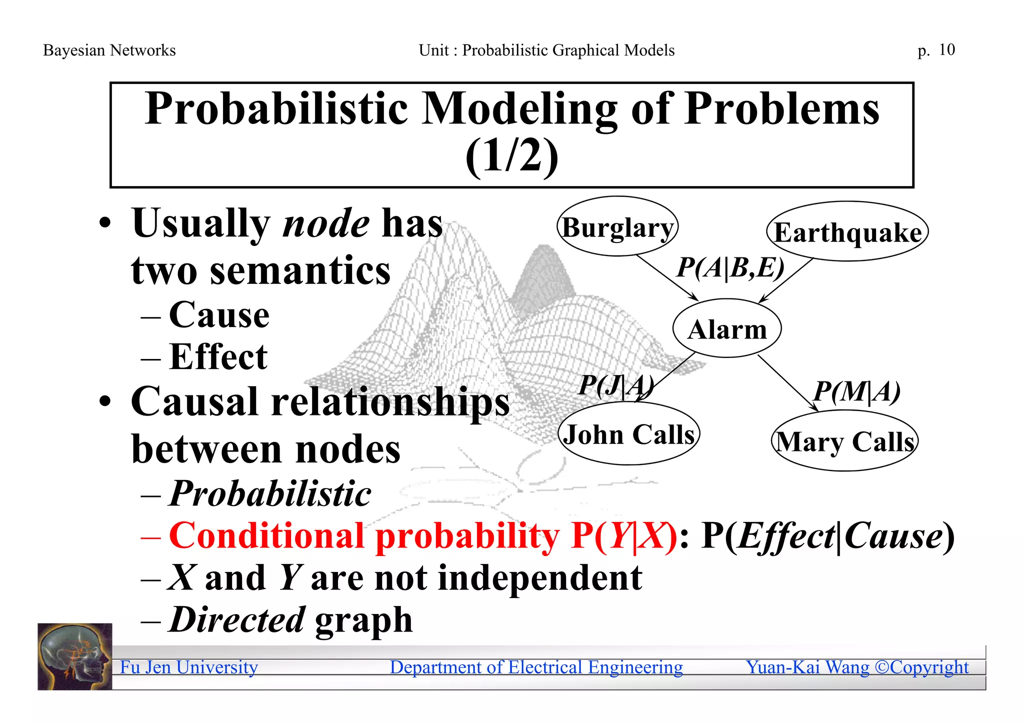 Bayesian Networks               Unit : Probabilistic Graphical Models                         p. 10



            Probabilistic Modeling of Problems
                           (1/2)
      • Usually node has                            Burglary                   Earthquake
        two semantics                                                   P(A|B,E)
            – Cause                                                     Alarm
            – Effect
                                                      P(J|A)                       P(M|A)
      • Causal relationships
                                                    John Calls                  Mary Calls
        between nodes
            – Probabilistic
            – Conditional probability P(Y|X): P(Effect|Cause)
            – X and Y are not independent
            – Directed graph
         Fu Jen University   Department of Electrical Engineering           Yuan-Kai Wang Copyright
 