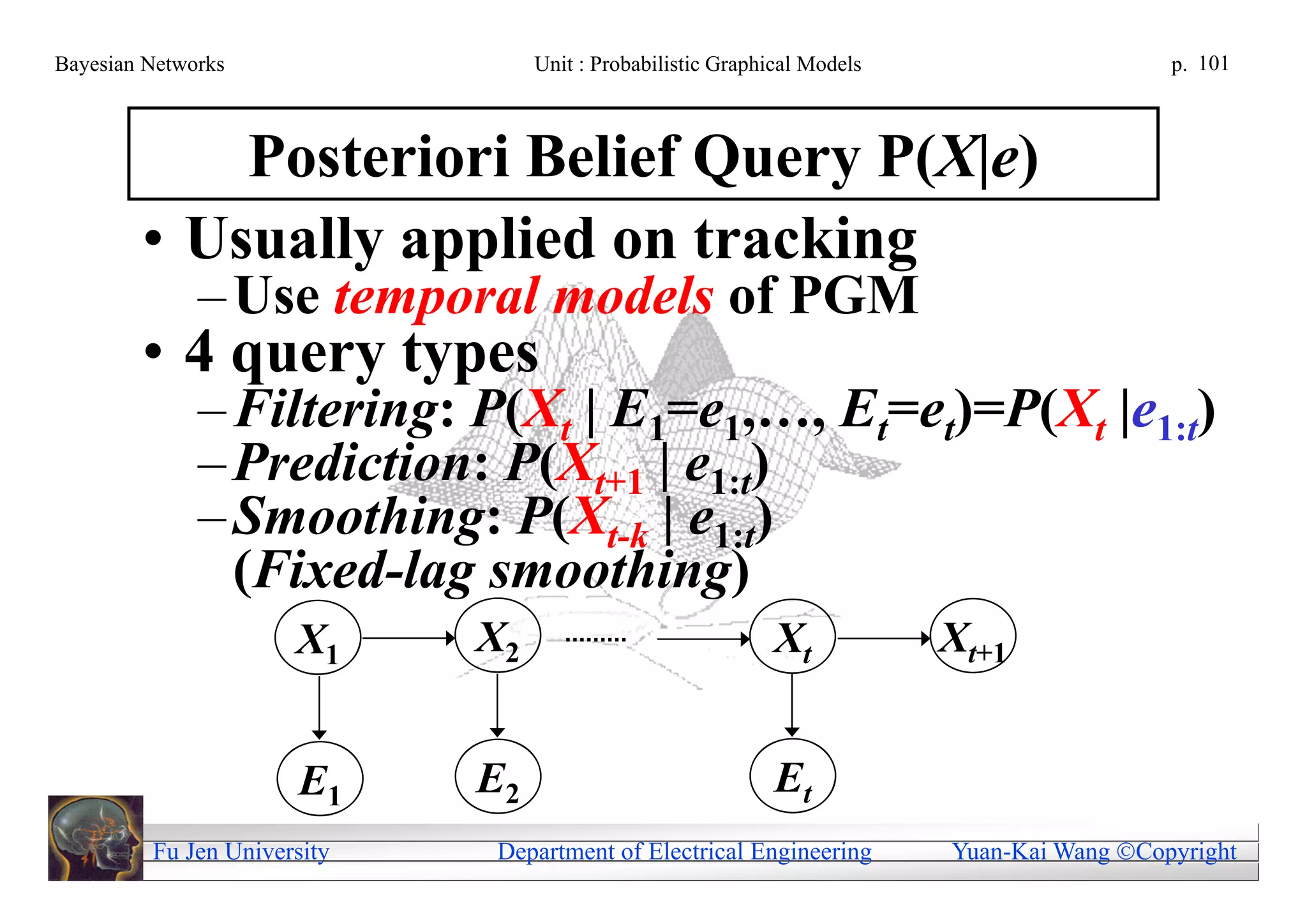 Bayesian Networks                 Unit : Probabilistic Graphical Models                     p. 101



            Posteriori Belief Query P(X|e)
        • Usually applied on tracking
              – Use temporal models of PGM
        • 4 query types
              – Filtering: P(Xt | E1=e1,…, Et=et)=P(Xt |e1:t)
              – Prediction: P(Xt+1 | e1:t)
              – Smoothing: P(Xt-k | e1:t)
                (Fixed-lag smoothing)
                      X1     X2                              Xt           Xt+1


                      E1     E2                              Et
         Fu Jen University   Department of Electrical Engineering         Yuan-Kai Wang Copyright
 