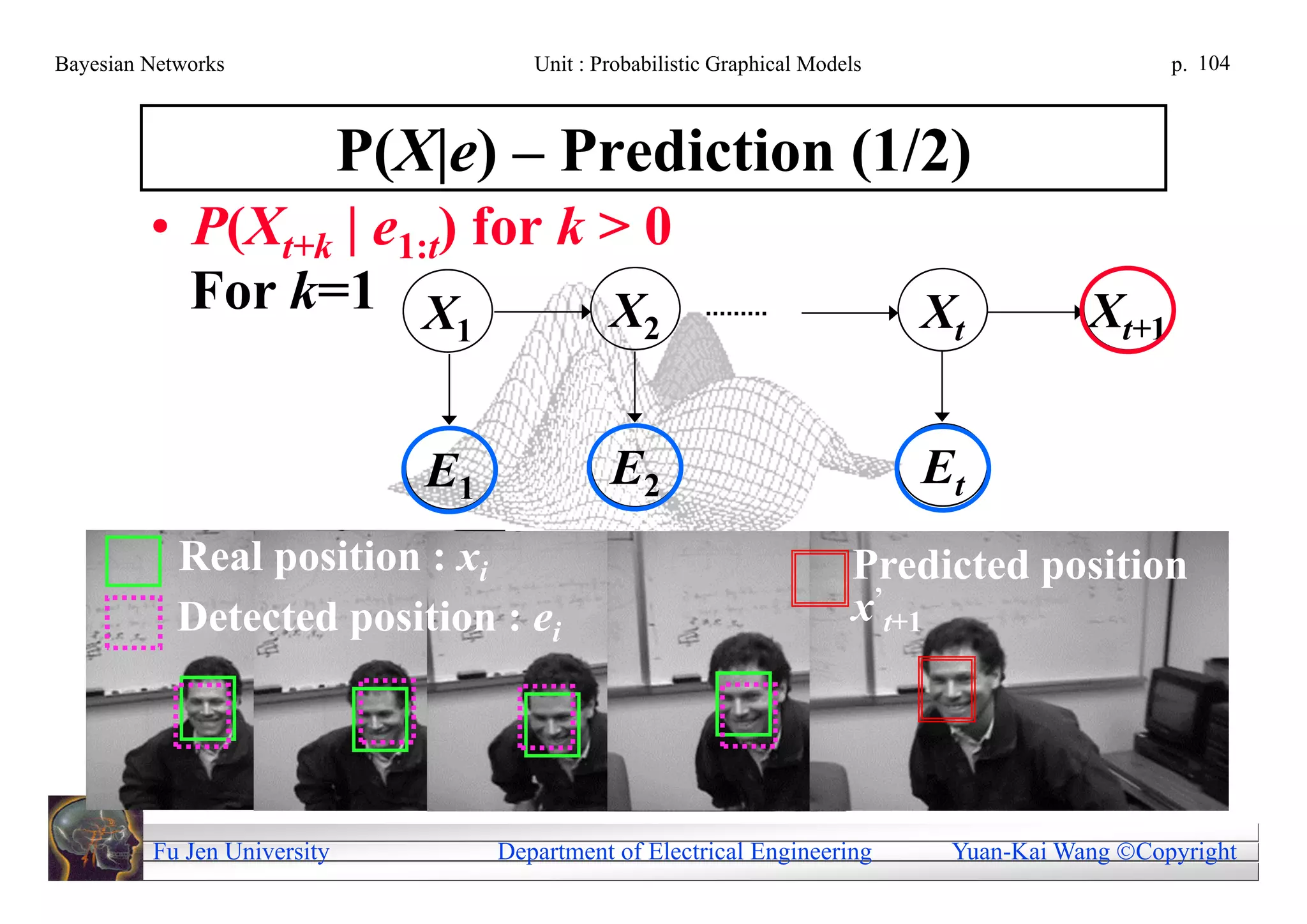 Bayesian Networks                       Unit : Probabilistic Graphical Models                      p. 104



                             P(X|e) – Prediction (1/2)
         • P(Xt+k | e1:t) for k > 0
           For k=1 X            X                                               Xt          Xt+1
                                 1                  2



                                E1              E2                              Et
            Real position : xi                                             Predicted position
            Detected position : ei                                         x’t+1




         Fu Jen University           Department of Electrical Engineering        Yuan-Kai Wang Copyright
 