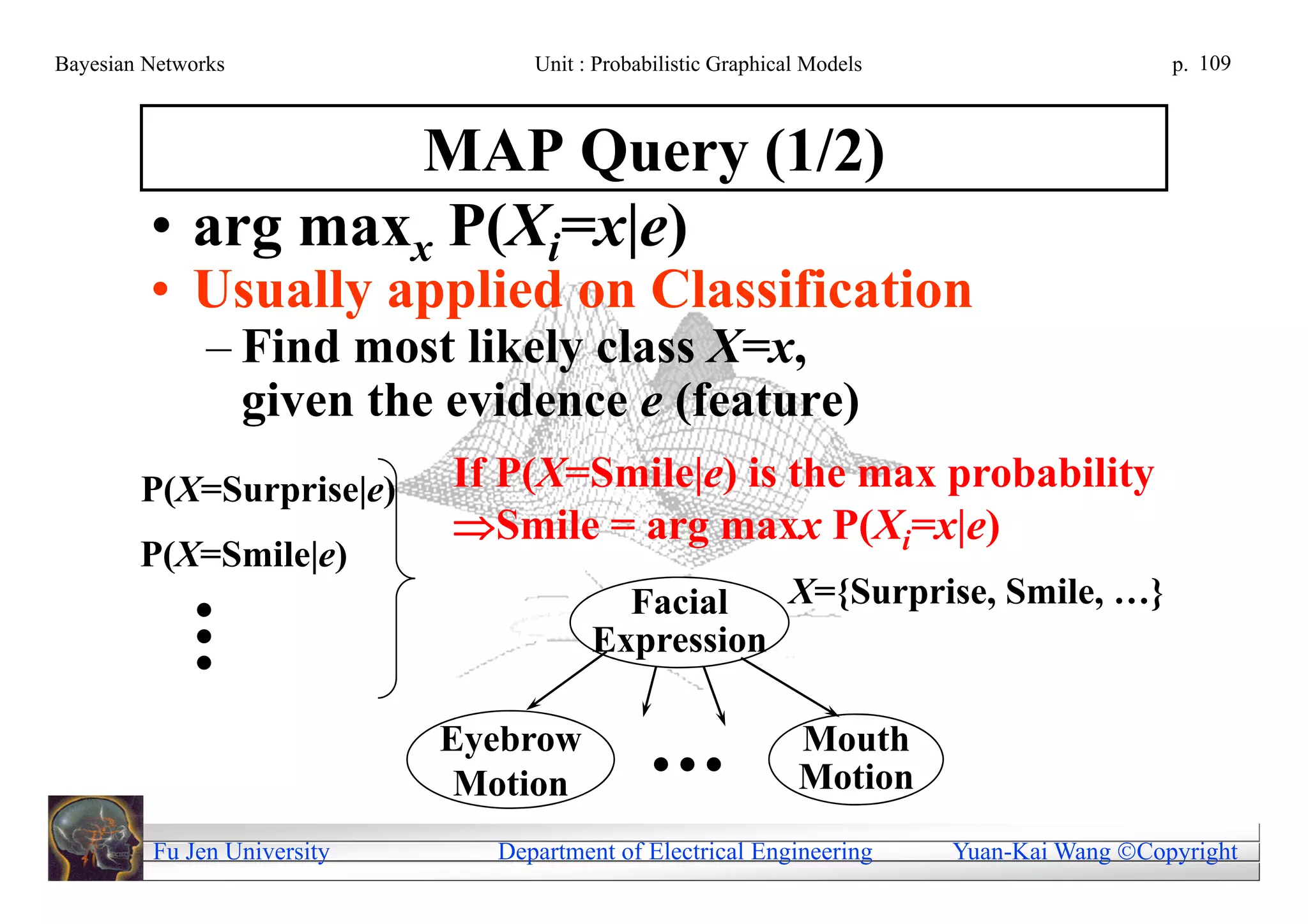 Bayesian Networks                 Unit : Probabilistic Graphical Models                     p. 109



                   MAP Query (1/2)
         • arg maxx P(Xi=x|e)
         • Usually applied on Classification
               – Find most likely class X=x,
                 given the evidence e (feature)
        P(X=Surprise|e)      If P(X=Smile|e) is the max probability
                             Smile = arg maxx P(Xi=x|e)
        P(X=Smile|e)
                                          Facial   X={Surprise, Smile, …}
             




                                        Expression

                             Eyebrow                           Mouth
                                                            Motion
                              Motion
         Fu Jen University     Department of Electrical Engineering       Yuan-Kai Wang Copyright
 