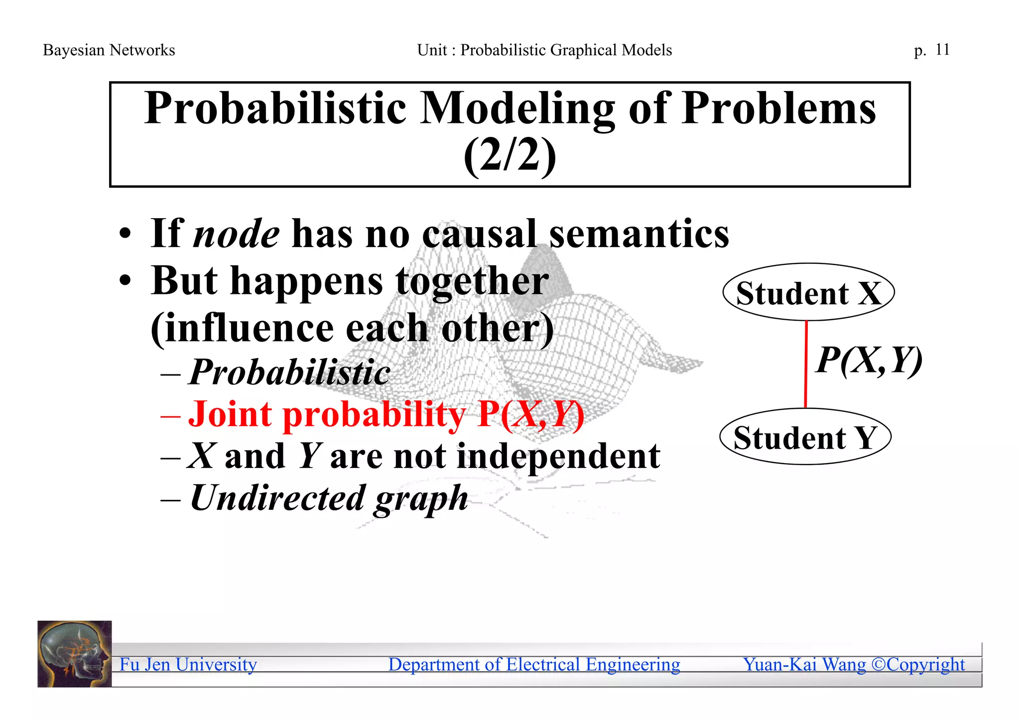 Bayesian Networks               Unit : Probabilistic Graphical Models                     p. 11



            Probabilistic Modeling of Problems
                           (2/2)
         • If node has no causal semantics
         • But happens together            Student X
           (influence each other)
               – Probabilistic                                                 P(X,Y)
               – Joint probability P(X,Y)
                                                                        Student Y
               – X and Y are not independent
               – Undirected graph



         Fu Jen University   Department of Electrical Engineering       Yuan-Kai Wang Copyright
 