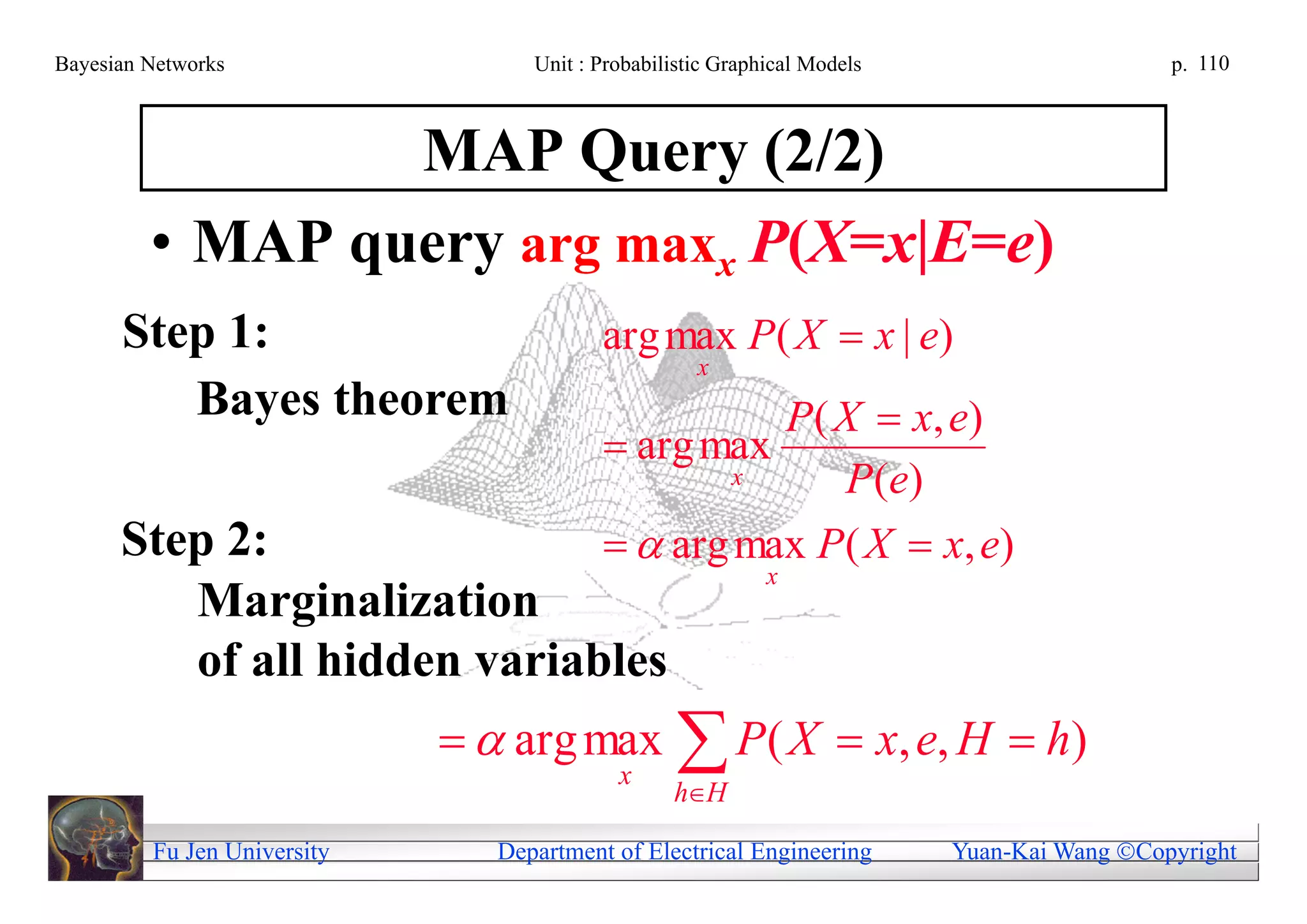 Bayesian Networks                  Unit : Probabilistic Graphical Models                     p. 110



                 MAP Query (2/2)
         • MAP query arg maxx P(X=x|E=e)
      Step 1:                             arg max P( X  x | e)
                                                     x
         Bayes theorem                              P ( X  x, e)
                                           arg max
                                                  x     P ( e)
      Step 2:                               arg max P( X  x, e)
                                                             x
         Marginalization
         of all hidden variables
                               arg max  P ( X  x, e, H  h)
                                            x
                                                  hH

         Fu Jen University      Department of Electrical Engineering       Yuan-Kai Wang Copyright
 