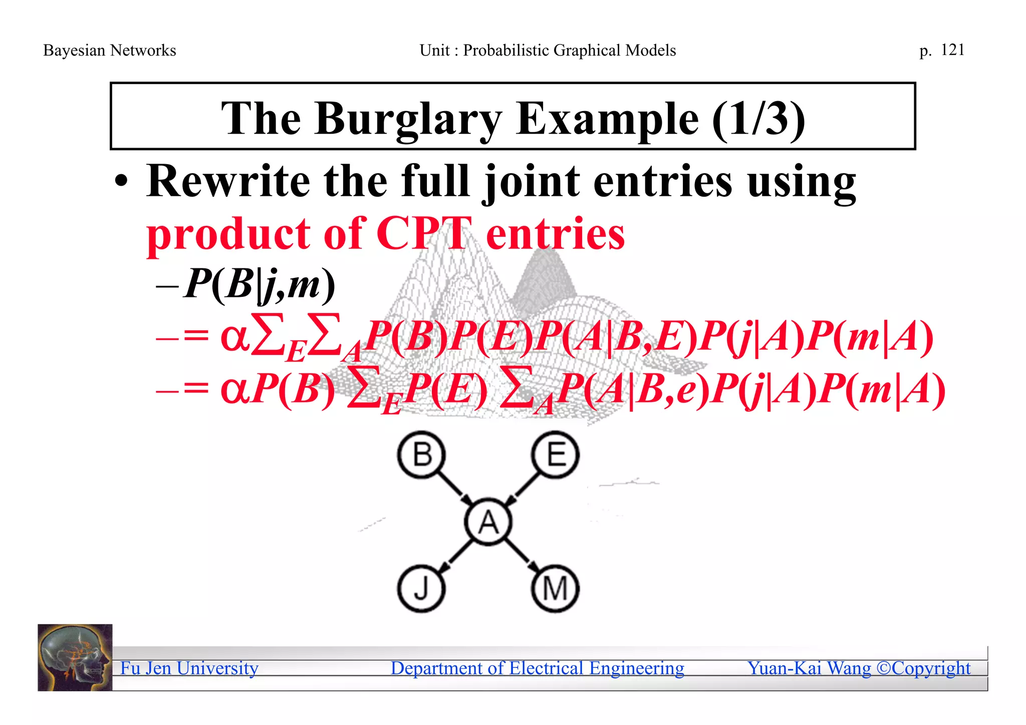Bayesian Networks               Unit : Probabilistic Graphical Models                     p. 121



             The Burglary Example (1/3)
        • Rewrite the full joint entries using
          product of CPT entries
              – P(B|j,m)
              – = EAP(B)P(E)P(A|B,E)P(j|A)P(m|A)
              – = P(B) EP(E) AP(A|B,e)P(j|A)P(m|A)




         Fu Jen University   Department of Electrical Engineering       Yuan-Kai Wang Copyright
 