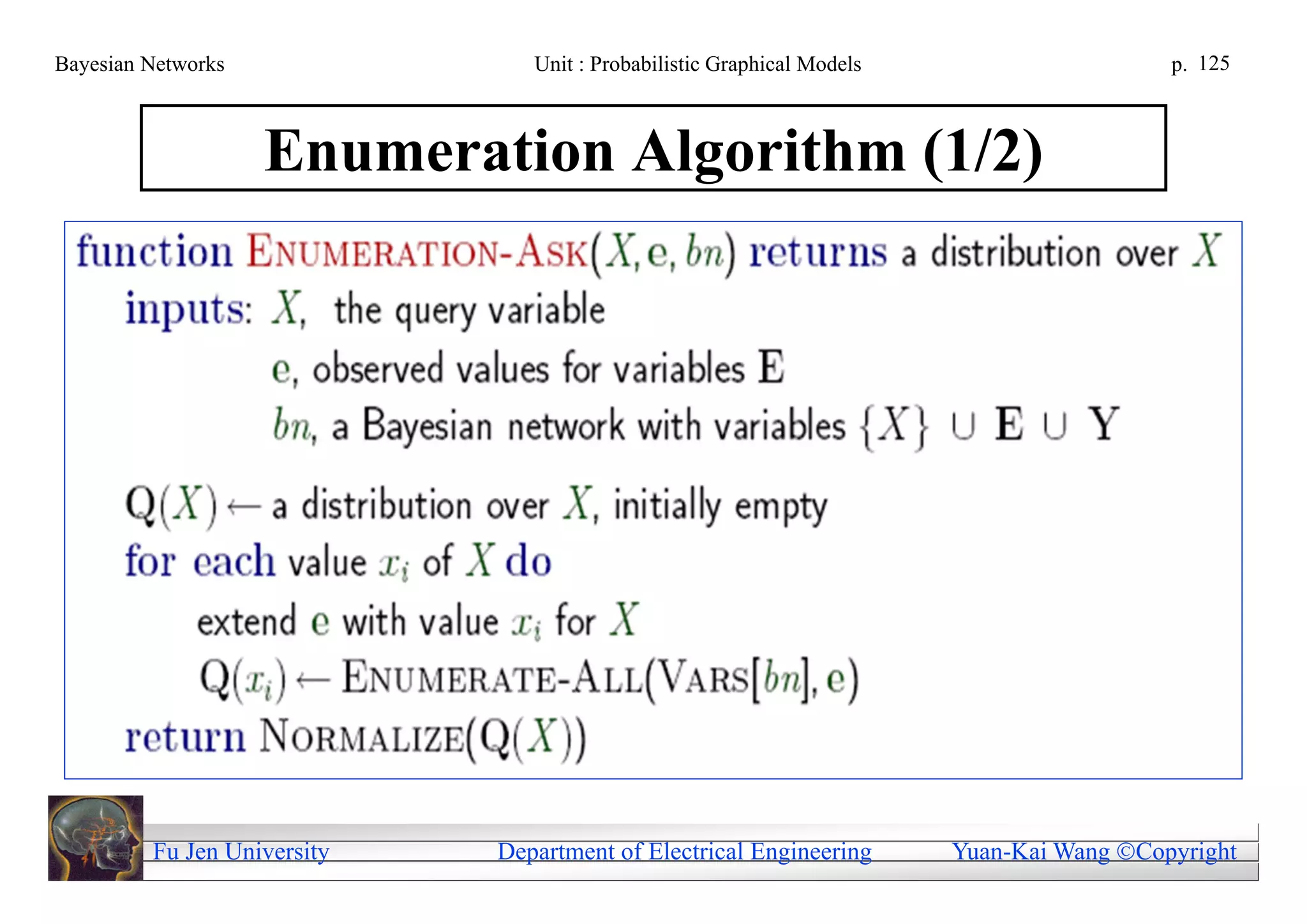 Bayesian Networks               Unit : Probabilistic Graphical Models                     p. 125



                    Enumeration Algorithm (1/2)




         Fu Jen University   Department of Electrical Engineering       Yuan-Kai Wang Copyright
 
