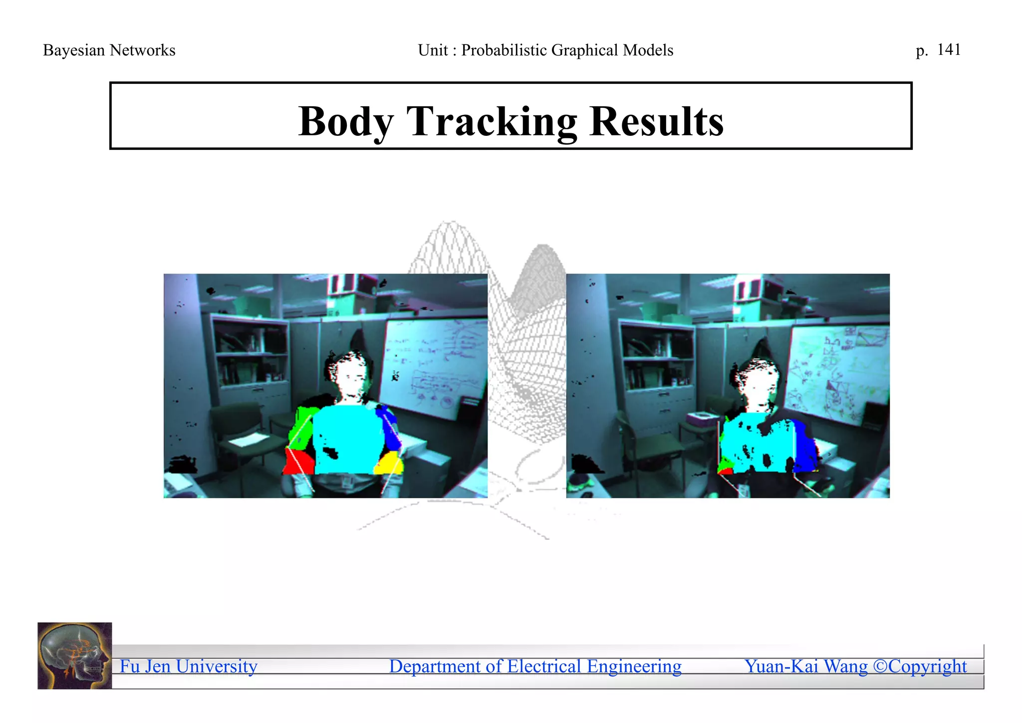 Bayesian Networks                   Unit : Probabilistic Graphical Models                     p. 141



                             Body Tracking Results




         Fu Jen University       Department of Electrical Engineering       Yuan-Kai Wang Copyright
 