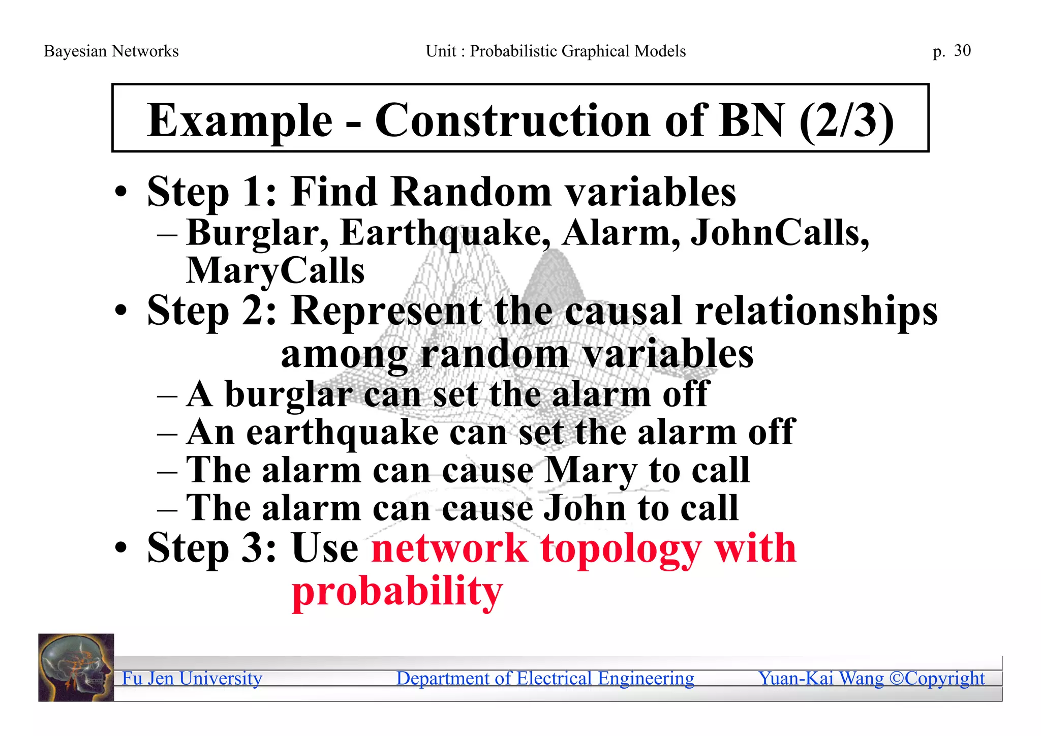 Bayesian Networks               Unit : Probabilistic Graphical Models                     p. 30



            Example - Construction of BN (2/3)
        • Step 1: Find Random variables
              – Burglar, Earthquake, Alarm, JohnCalls,
                MaryCalls
        • Step 2: Represent the causal relationships
                 among random variables
              – A burglar can set the alarm off
              – An earthquake can set the alarm off
              – The alarm can cause Mary to call
              – The alarm can cause John to call
        • Step 3: Use network topology with
                  probability
         Fu Jen University   Department of Electrical Engineering       Yuan-Kai Wang Copyright
 