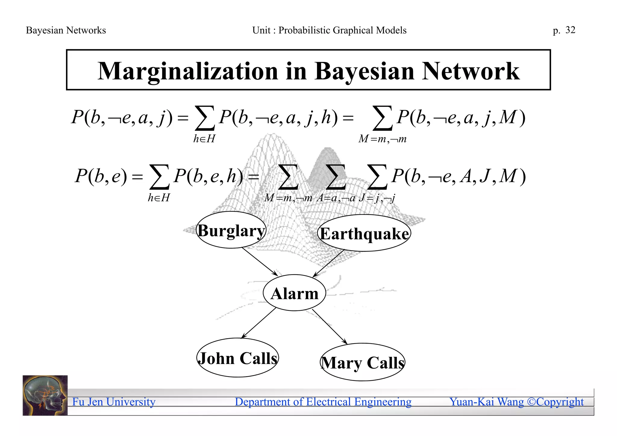 Bayesian Networks                      Unit : Probabilistic Graphical Models                     p. 32



               Marginalization in Bayesian Network
         P (b, e, a, j )   P(b, e, a, j , h)                    P(b, e, a, j, M )
                              hH                               M  m , m


          P (b, e)   P(b, e, h)              P(b, e, A, J , M )
                        hH              M  m , m A  a , a J  j ,  j

                              Burglary                 Earthquake


                                           Alarm


                              John Calls               Mary Calls

         Fu Jen University          Department of Electrical Engineering       Yuan-Kai Wang Copyright
 