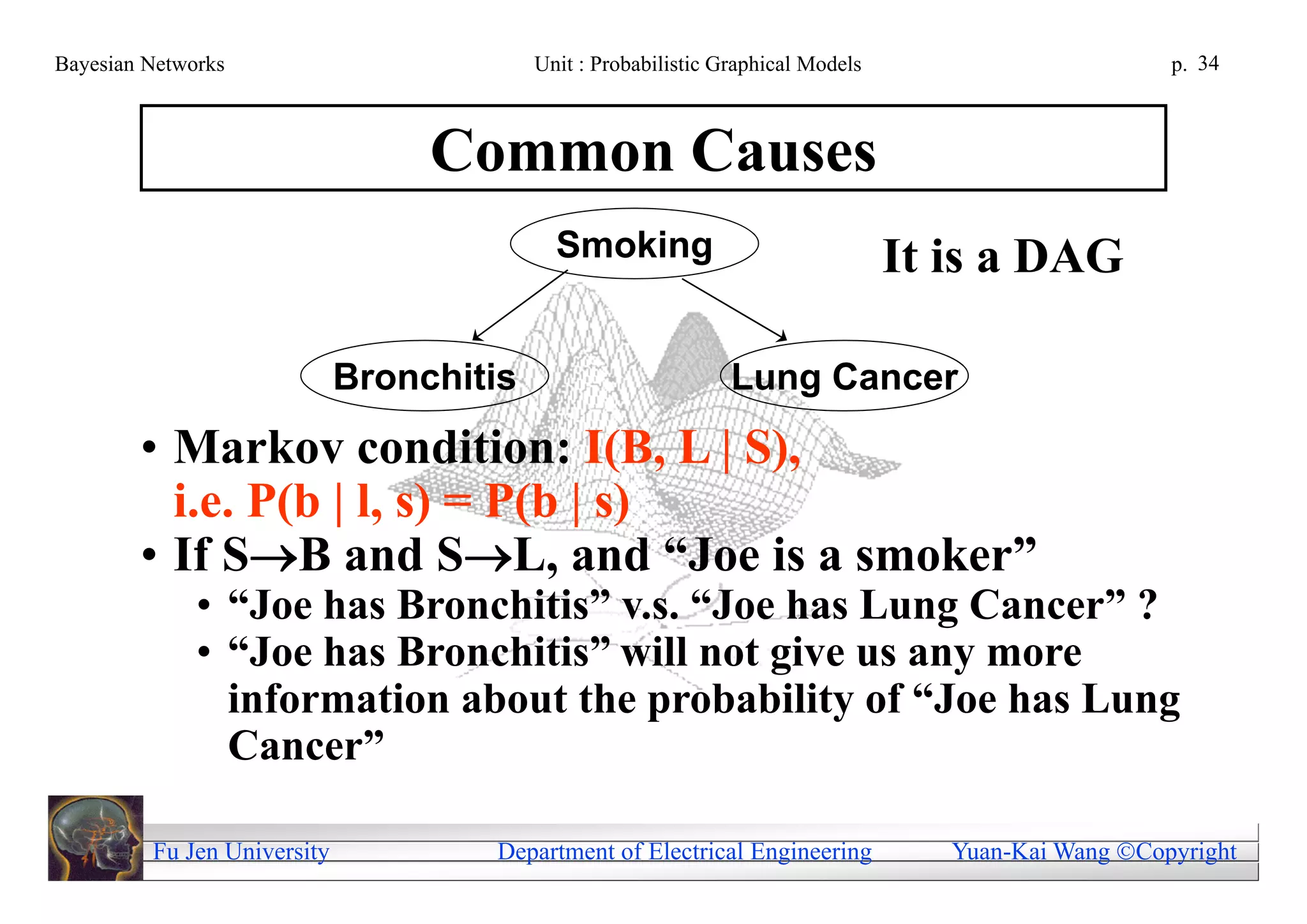 Bayesian Networks                         Unit : Probabilistic Graphical Models                        p. 34



                                  Common Causes
                                            Smoking                               It is a DAG

                             Bronchitis                         Lung Cancer
        • Markov condition: I(B, L | S),
          i.e. P(b | l, s) = P(b | s)
        • If SB and SL, and “Joe is a smoker”
              • “Joe has Bronchitis” v.s. “Joe has Lung Cancer” ?
              • “Joe has Bronchitis” will not give us any more
                information about the probability of “Joe has Lung
                Cancer”

         Fu Jen University           Department of Electrical Engineering            Yuan-Kai Wang Copyright
 
