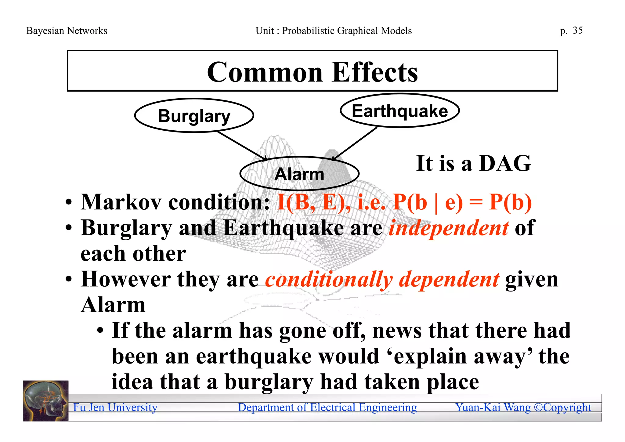 Bayesian Networks                      Unit : Probabilistic Graphical Models                        p. 35



                              Common Effects
                         Burglary                            Earthquake


                                           Alarm
                                                                               It is a DAG
       • Markov condition: I(B, E), i.e. P(b | e) = P(b)
       • Burglary and Earthquake are independent of
         each other
       • However they are conditionally dependent given
         Alarm
          • If the alarm has gone off, news that there had
            been an earthquake would ‘explain away’ the
            idea that a burglary had taken place
         Fu Jen University          Department of Electrical Engineering          Yuan-Kai Wang Copyright
 