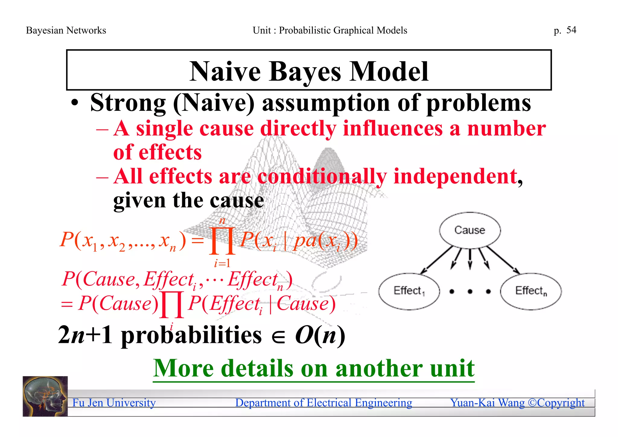 Bayesian Networks                           Unit : Probabilistic Graphical Models                     p. 54



                                 Naive Bayes Model
         • Strong (Naive) assumption of problems
              – A single cause directly influences a number
                of effects
              – All effects are conditionally independent,
                given the cause
                                   n
       P( x1 , x2 ,..., xn )   P( xi | pa ( xi ))
                                  i 1
       P(Cause, Effecti , Effectn )
        P(Cause) P( Effecti | Cause)
      2n+1 probabilities  O(n)
                             i


             More details on another unit
         Fu Jen University               Department of Electrical Engineering       Yuan-Kai Wang Copyright
 