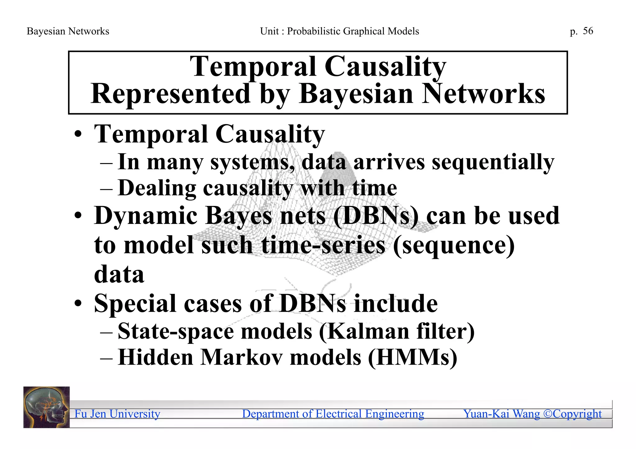 Bayesian Networks               Unit : Probabilistic Graphical Models                     p. 56


                    Temporal Causality
             Represented by Bayesian Networks
         • Temporal Causality
               – In many systems, data arrives sequentially
               – Dealing causality with time
         • Dynamic Bayes nets (DBNs) can be used
           to model such time-series (sequence)
           data
         • Special cases of DBNs include
               – State-space models (Kalman filter)
               – Hidden Markov models (HMMs)

         Fu Jen University   Department of Electrical Engineering       Yuan-Kai Wang Copyright
 