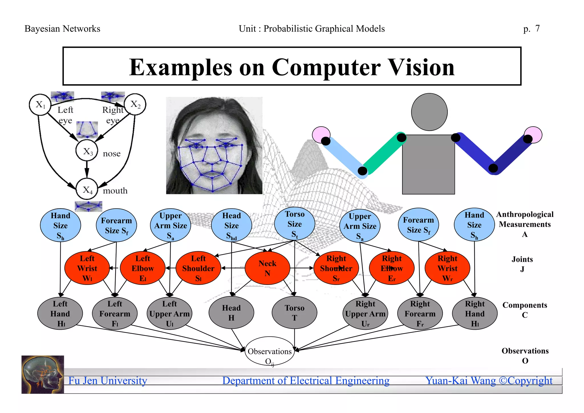 Bayesian Networks                                     Unit : Probabilistic Graphical Models                                          p. 7



                           Examples on Computer Vision




     Hand                          Upper           Head             Torso         Upper                               Hand    Anthropological
                    Forearm                                          Size                       Forearm
     Size                         Arm Size         Size                          Arm Size                             Size    Measurements
                     Size Sf                                          St                         Size Sf
      Sh                            Sa              Shd                            Sa                                  Sh           A

            Left               Left       Left                               Right          Right             Right               Joints
                                                            Neck
            Wrist             Elbow     Shoulder                            Shoulder        Elbow             Wrist                 J
                                                             N
             Wl                 El         Sl                                  Sr             Er               Wr


     Left             Left          Left           Head             Torso           Right            Right            Right    Components
     Hand           Forearm      Upper Arm          H                 T           Upper Arm         Forearm           Hand         C
      Hl               Fl            Ul                                              Ur                Fr              Hl


                                                          Observations                                                         Observations
                                                              Oij                                                                   O

         Fu Jen University                         Department of Electrical Engineering                 Yuan-Kai Wang Copyright
 