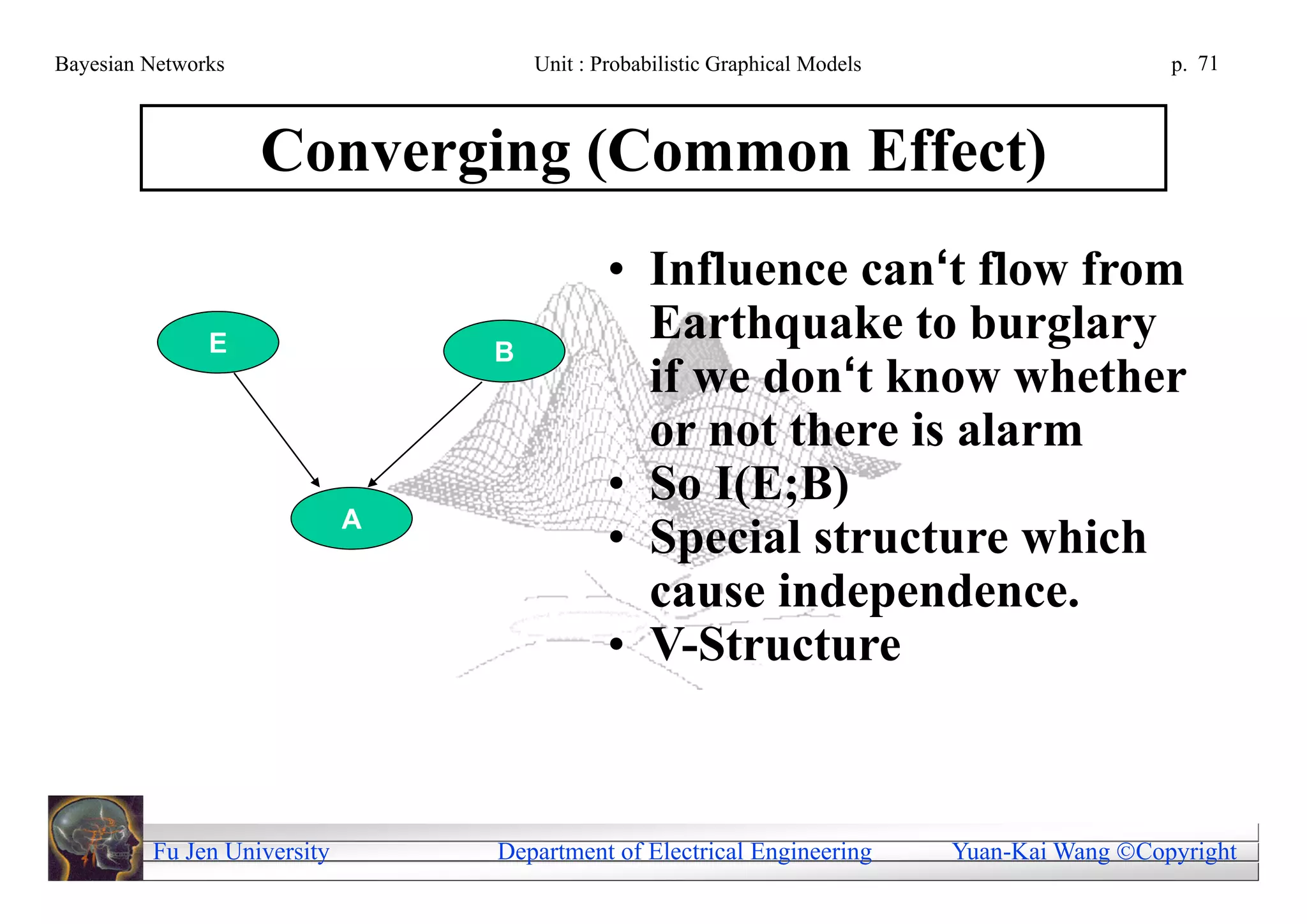 Bayesian Networks                    Unit : Probabilistic Graphical Models                     p. 71



                    Converging (Common Effect)
                                             • Influence can‘t flow from
               E                 B
                                               Earthquake to burglary
                                               if we don‘t know whether
                                               or not there is alarm
                                             • So I(E;B)
                             A
                                             • Special structure which
                                               cause independence.
                                             • V-Structure



         Fu Jen University       Department of Electrical Engineering        Yuan-Kai Wang Copyright
 