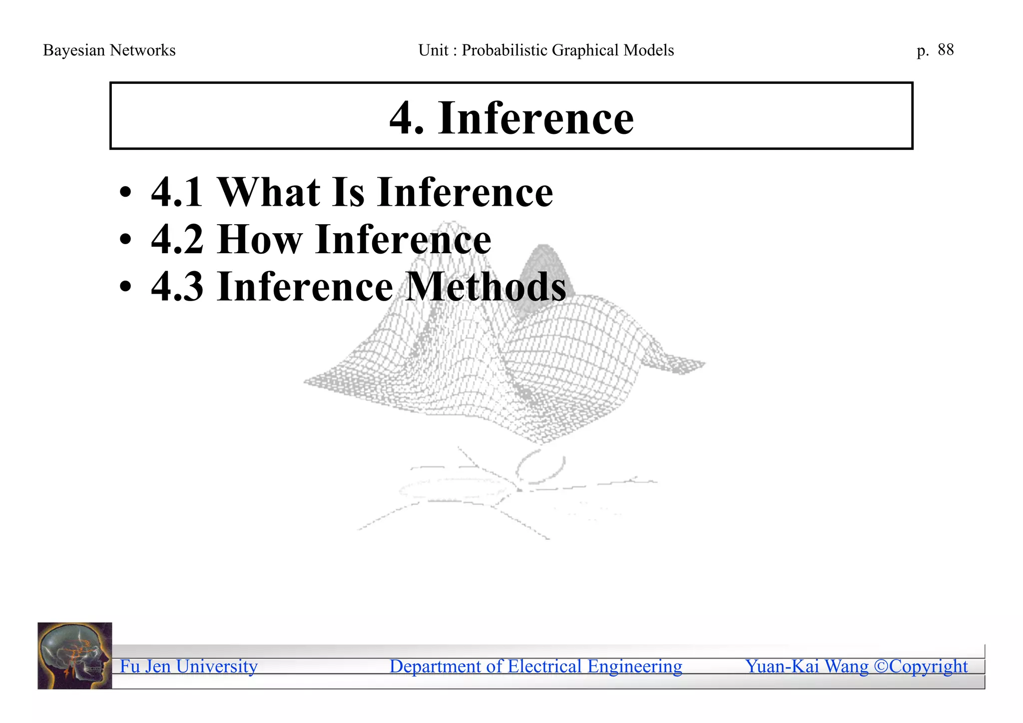 Bayesian Networks               Unit : Probabilistic Graphical Models                     p. 88



                             4. Inference
         • 4.1 What Is Inference
         • 4.2 How Inference
         • 4.3 Inference Methods




         Fu Jen University   Department of Electrical Engineering       Yuan-Kai Wang Copyright
 