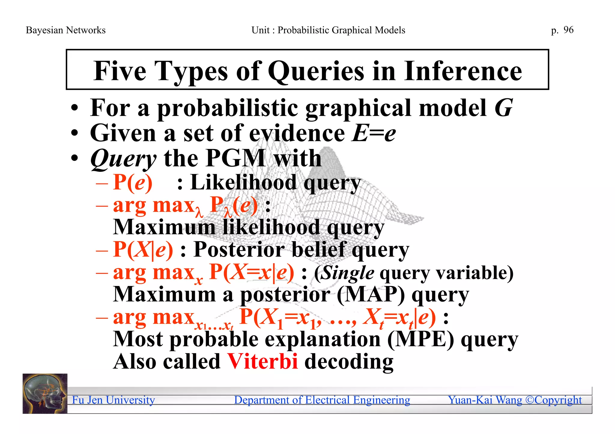 Bayesian Networks                       Unit : Probabilistic Graphical Models                     p. 96



              Five Types of Queries in Inference
         • For a probabilistic graphical model G
         • Given a set of evidence E=e
         • Query the PGM with
              – P(e) : Likelihood query
              – arg max P(e) :
                Maximum likelihood query
              – P(X|e) : Posterior belief query
              – arg maxx P(X=x|e) : (Single query variable)
                Maximum a posterior (MAP) query
              – arg maxx …x P(X1=x1, …, Xt=xt|e) :
                             1   t
                Most probable explanation (MPE) query
                Also called Viterbi decoding
         Fu Jen University           Department of Electrical Engineering       Yuan-Kai Wang Copyright
 