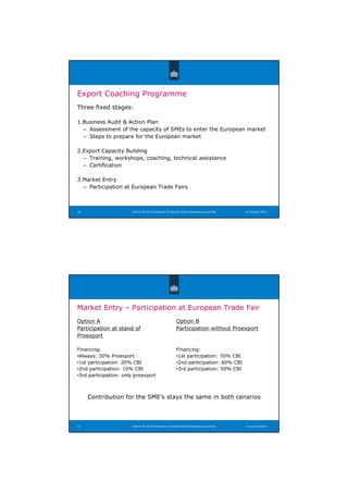 Export Coaching Programme
Three fixed stages:
1.Business Audit  Action Plan
– Assessment of the capacity of SMEs to enter the European market
– Steps to prepare for the European market
2.Export Capacity Building
– Training, workshops, coaching, technical assistance
– Certification
3.Market Entry
– Participation at European Trade Fairs
Centre for the Promotion of Imports from developing countries30 14 januari 2014
Centre for the Promotion of Imports from developing countries31
Market Entry – Participation at European Trade Fair
Option A
Participation at stand of
Proexport
Financing:
•Always: 50% Proexport
•1st participation: 20% CBI
•2nd participation: 10% CBI
•3rd participation: only proexport
Option B
Participation without Proexport
Financing:
•1st participation: 70% CBI
•2nd participation: 60% CBI
•3rd participation: 50% CBI
14 januari 2014
Contribution for the SME’s stays the same in both cenarios
 