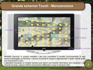 Grande schermo Touch - Manutenzione




                                                                                         Close popup
 Finestra info


                                                                                        Open popup




                                                                                Torna modalità normale


Modalità Sensore: in questa modalità il dos può controllare il corretto funzionamento di ogni
sensore dispiegato sul territorio, I sensori funzionanti vengono rappresentati in giallo mentre quelli
non funzionanti in nero.
L'operatore toccando un singolo sensore può aprire una finestra informativa che visualizza I dati
misurati da esso, oppure l'ultima misurazione effettuata in caso di sensore rotto.                       6
 