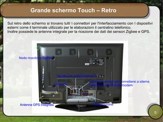 Grande schermo Touch – Retro

Sul retro dello schermo si trovano tutti I connettori per l'interfacciamento con I dispositivi
esterni come il terminale utilizzato per le elaborazioni il centralino telefonico.
Inoltre possiede le antenne integrate per la ricezione dei dati dei sensori Zigbee e GPS.




       Nodo ricevitore ZigBee




                                 Seriale per collegamento pc
                                                      2 prese coassiali per connettersi a sitema
                                Video IN              Telefonico o eventiale modem




        Antenna GPS integrata                           Alimentazione

                                                                                                   9
 