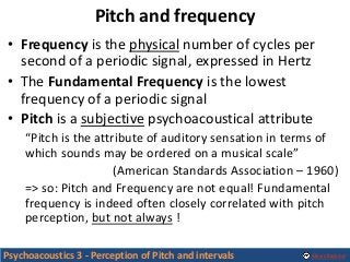 Alexis Baskind
Pitch and frequency
• Frequency is the physical number of cycles per
second of a periodic signal, expressed...