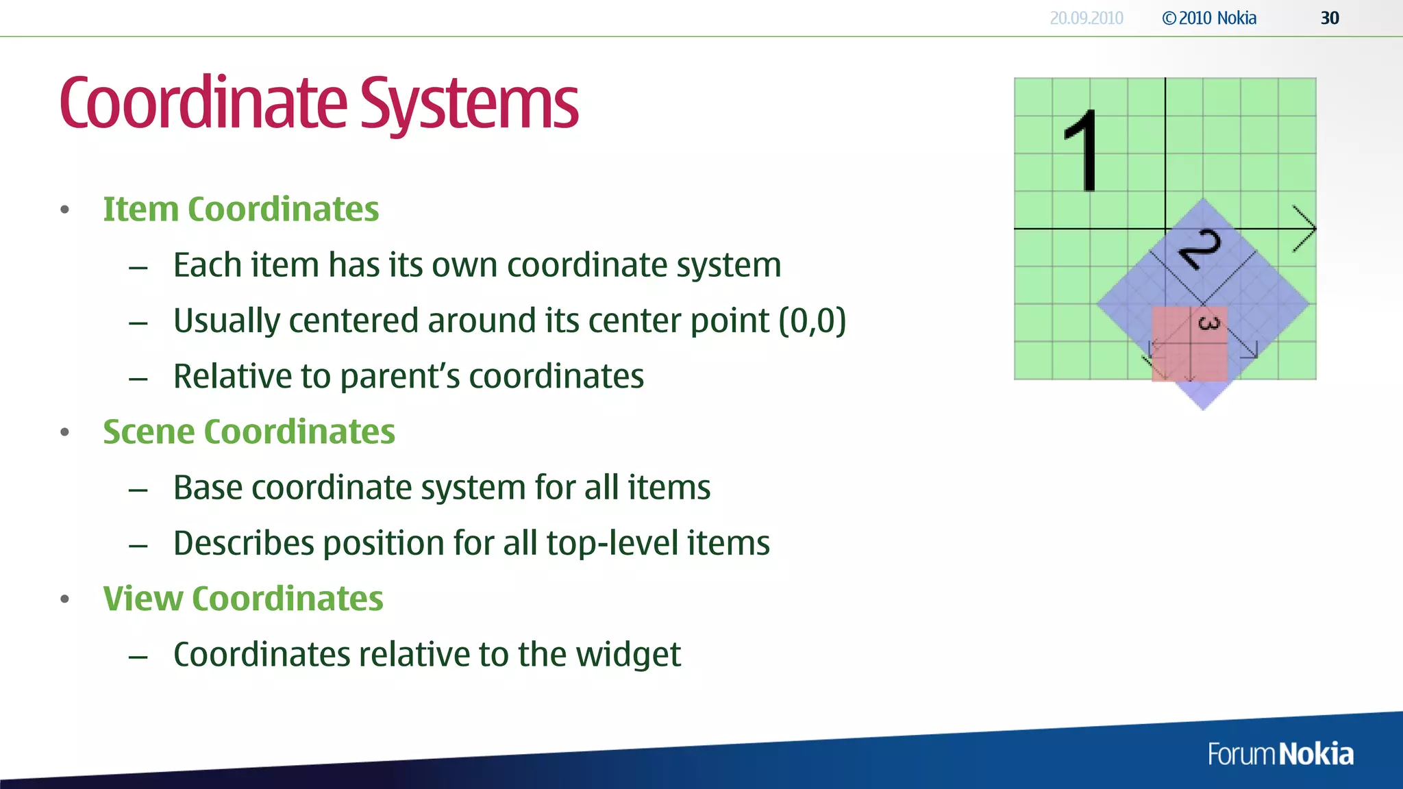 Coordinate Systems
• Item Coordinates
   – Each item has its own coordinate system
   – Usually centered around its center point (0,0)
   – Relative to parent’s coordinates
• Scene Coordinates
   – Base coordinate system for all items
   – Describes position for all top-level items
• View Coordinates
   – Coordinates relative to the widget
 
