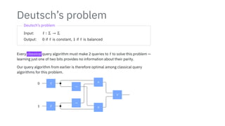 Deutsch’s problem
Deutsch’s problem
Input: f ∶ Σ → Σ
Output: 0 if f is constant, 1 if f is balanced
Every classical query algorithm must make 2 queries to f to solve this problem —
learning just one of two bits provides no information about their parity.
Our query algorithm from earlier is therefore optimal among classical query
algorithms for this problem.
f
f
0
1
¬
¬
∧
∧
∨
 