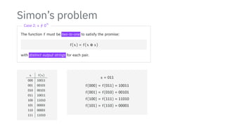 Simon’s problem
Case 2: s /
= 0
n
The function f must be two-to-one to satisfy the promise:
f(x) = f(x ⊕ s)
with distinct output strings for each pair.
x f(x)
000 10011
001 00101
010 00101
011 10011
100 11010
101 00001
110 00001
111 11010
s = 011
f(000) = f(011) = 10011
f(001) = f(010) = 00101
f(100) = f(111) = 11010
f(101) = f(110) = 00001
 