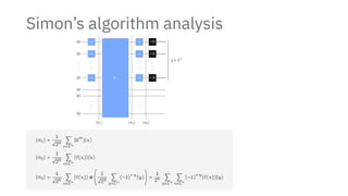 Simon’s algorithm analysis
H
H
H
H
H
H
Uf
∣0⟩
∣0⟩
∣0⟩
∣0⟩
∣0⟩
∣0⟩
⎫
⎪
⎪
⎪
⎪
⎪
⎪
⎪
⎪
⎪
⎪
⎪
⎪
⎪
⎪
⎪
⎪
⎪
⎬
⎪
⎪
⎪
⎪
⎪
⎪
⎪
⎪
⎪
⎪
⎪
⎪
⎪
⎪
⎪
⎪
⎪
⎭
y ∈ Σ
n
∣π1⟩ ∣π2⟩ ∣π3⟩
∣π1⟩ =
1
√
2n
∑
x∈Σn
∣0
m
⟩∣x⟩
∣π2⟩ =
1
√
2n
∑
x∈Σn
∣f(x)⟩∣x⟩
∣π3⟩ =
1
√
2n
∑
x∈Σn
∣f(x)⟩ ⊗
⎛
⎜
⎝
1
√
2n
∑
y∈Σn
(−1)
x⋅y
∣y⟩
⎞
⎟
⎠
=
1
2n ∑
y∈Σn
∑
x∈Σn
(−1)
x⋅y
∣f(x)⟩∣y⟩
 