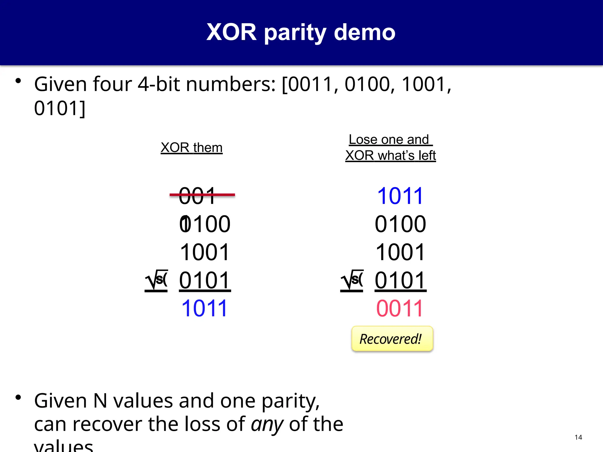 14
XOR parity demo
• Given four 4-bit numbers: [0011, 0100, 1001,
0101]
• Given N values and one parity,
can recover the loss of any of the
001
1
0100
1001
 0101
1011
XOR them
Lose one and
XOR what’s left
1011
0100
1001
 0101
0011
Recovered!
 