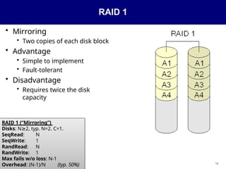 12
RAID 1
• Mirroring
• Two copies of each disk block
• Advantage
• Simple to implement
• Fault-tolerant
• Disadvantage
• Requires twice the disk
capacity
RAID 1 (“Mirroring”)
Disks: N 2,
≥ typ. N=2. C=1.
SeqRead: N
SeqWrite: 1
RandRead: N
RandWrite: 1
Max fails w/o loss: N-1
Overhead: (N-1)/N (typ. 50%)
 
