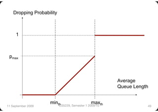Dropping Probability



     1



 pmax




                                                         Average
                                                         Queue Length


                     minth                      maxth
11 September 2009
         CS5229, Semester 1 2009/10
              49
 