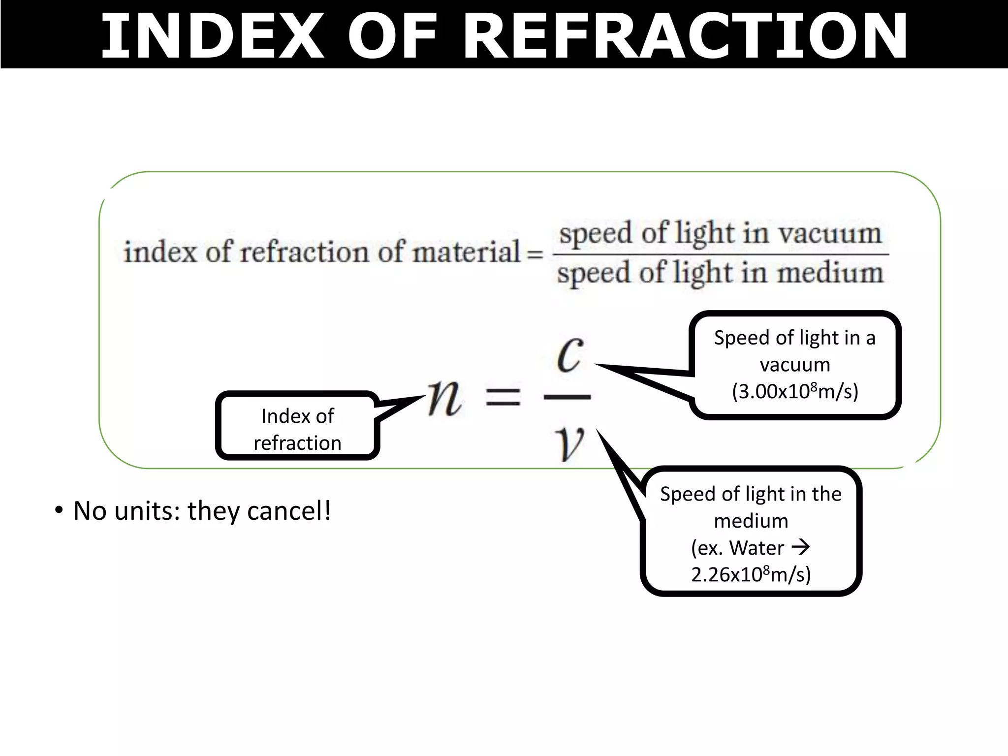 • No units: they cancel!
or
INDEX OF REFRACTION
Index of
refraction
Speed of light in a
vacuum
(3.00x108m/s)
Speed of light in the
medium
(ex. Water 
2.26x108m/s)
 