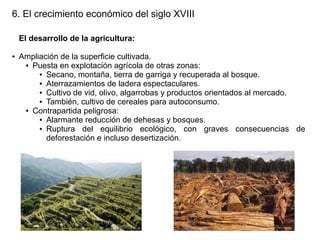 6. El crecimiento económico del siglo XVIII
El desarrollo de la agricultura:
●

Ampliación de la superficie cultivada.
● Puesta en explotación agrícola de otras zonas:
● Secano, montaña, tierra de garriga y recuperada al bosque.
● Aterrazamientos de ladera espectaculares.
● Cultivo de vid, olivo, algarrobas y productos orientados al mercado.
● También, cultivo de cereales para autoconsumo.
● Contrapartida peligrosa:
● Alarmante reducción de dehesas y bosques.
● Ruptura
del equilibrio ecológico, con graves consecuencias de
deforestación e incluso desertización.

 