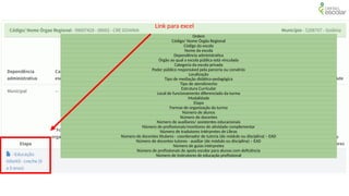 17
Ordem
Código/ Nome Órgão Regional
Código da escola
Nome da escola
Dependência administrativa
Órgão ao qual a escola pública está vinculada
Categoria da escola privada
Poder público responsável pela parceria ou convênio
Localização
Tipo de mediação didático-pedagógica
Tipo de atendimento
Estrutura Curricular
Local de funcionamento diferenciado da turma
Modalidade
Etapa
Formas de organização da turma
Número de alunos
Número de docentes
Número de auxiliares/ assistentes educacionais
Número de profissionais/monitores de atividade complementar
Número de tradutores intérpretes de Libras
Número de docentes titulares - coordenador de tutoria (de módulo ou disciplina) – EAD
Número de docentes tutores - auxiliar (de módulo ou disciplina) – EAD
Número de guias intérpretes
Número de profissionais de apoio escolar para alunos com deficiência
Número de instrutores de educação profissional
Link para excel
 