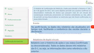 27
O Módulo de Confirmação de Matrícula, criado para atender a Portaria nº 235,
de 4 de agosto de 2011, tem como objetivo permitir aos usuários confirmar ou
desconsiderar matrículas de alunos que possuem mais de um vínculo de
escolarização (matrículas presenciais) em horários coincidentes ou não, além
de permitir ao Inep desconsiderar as matrículas que não foram confirmadas no
prazo determinado.
No perfil Escola, os dados dos relatórios são atualizados em
tempo real, facilitando a conferência das escolas durante a
declaração.
Relatório com o histórico de ações e seu status (confirmada
ou desconsiderada). Todos os dados desses três relatórios
são D-1, ou seja, as informações têm como referência o dia
anterior.
 