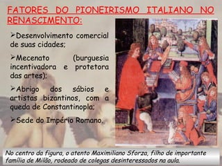 FATORES DO PIONEIRISMO ITALIANO NO
RENASCIMENTO:
Desenvolvimento comercial
de suas cidades;
Mecenato (burguesia
incentivadora e protetora
das artes);
Abrigo dos sábios e
artistas bizantinos, com a
queda de Constantinopla;
Sede do Império Romano.
No centro da figura, o atento Maximiliano Sforza, filho de importante
família de Milão, rodeado de colegas desinteressados na aula.
 
